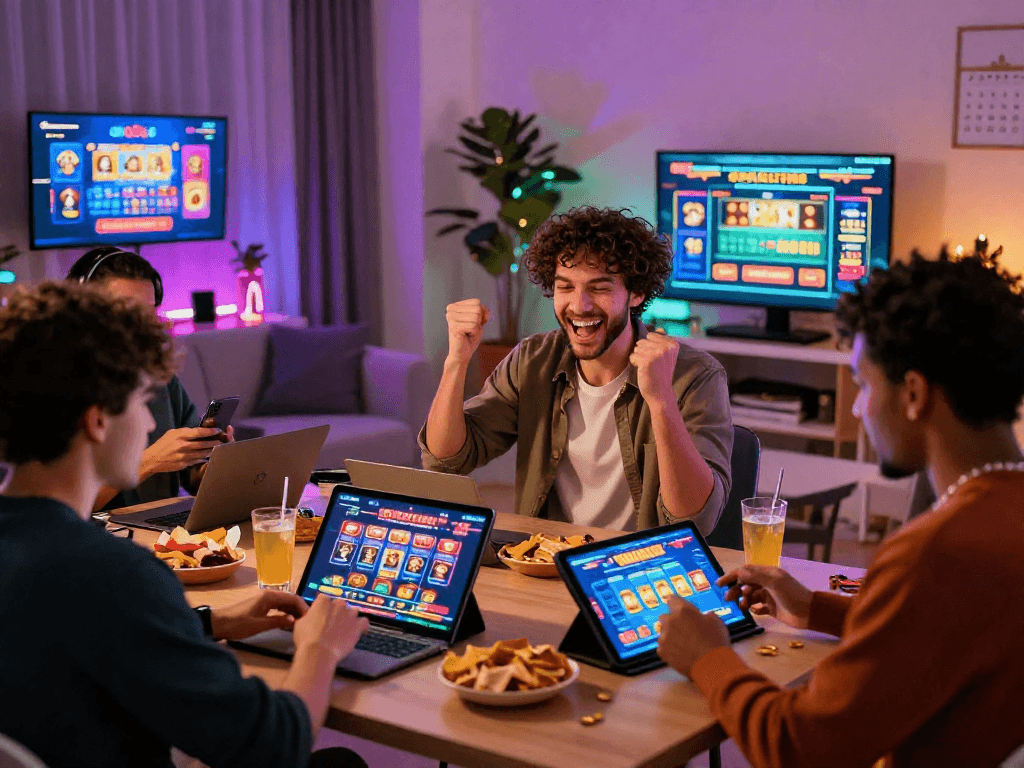 Scène d'un nouveau casino en ligne 2026 avec des joueurs heureux sur leurs appareils, ambiance festive.