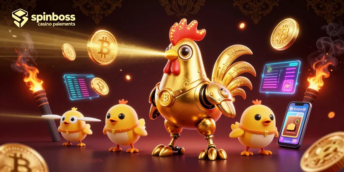 La scène dynamique de spinboss casino paiements, illustrant un robot coq futuriste et des drones, avec des crypto-monnaies.