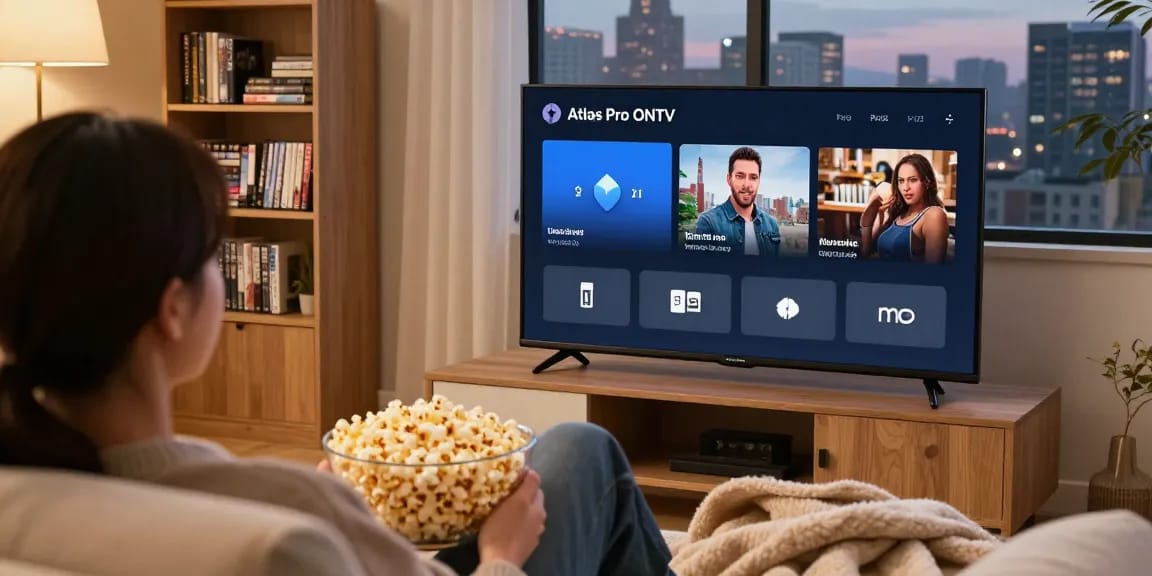 L'utilisateur profite de l'application atlas pro sur une Smart TV dans un salon confortable.