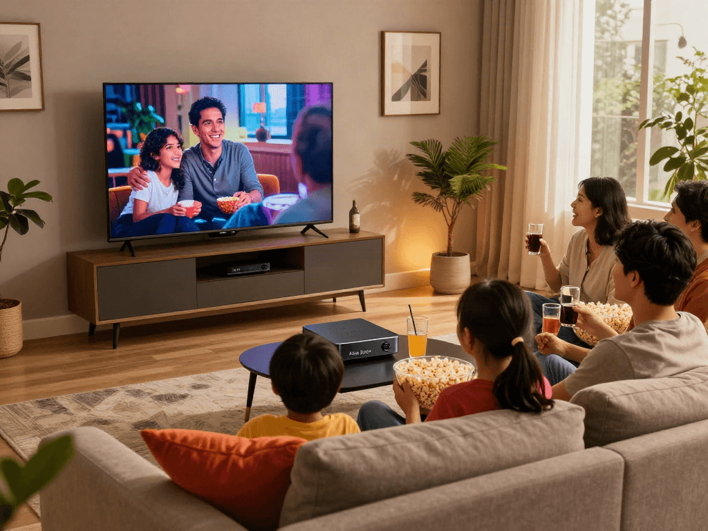 Famille profitant de la soirée cinéma avec Atlas pro ontv dans un salon moderne chaleureux.