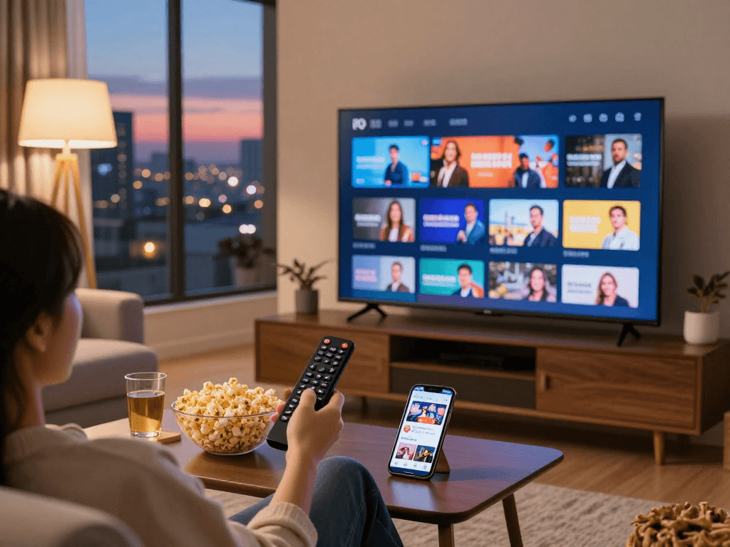 Utilisation d'Atlas Pro pour regarder la télévision en streaming depuis un salon moderne avec ambiance chaleureuse.